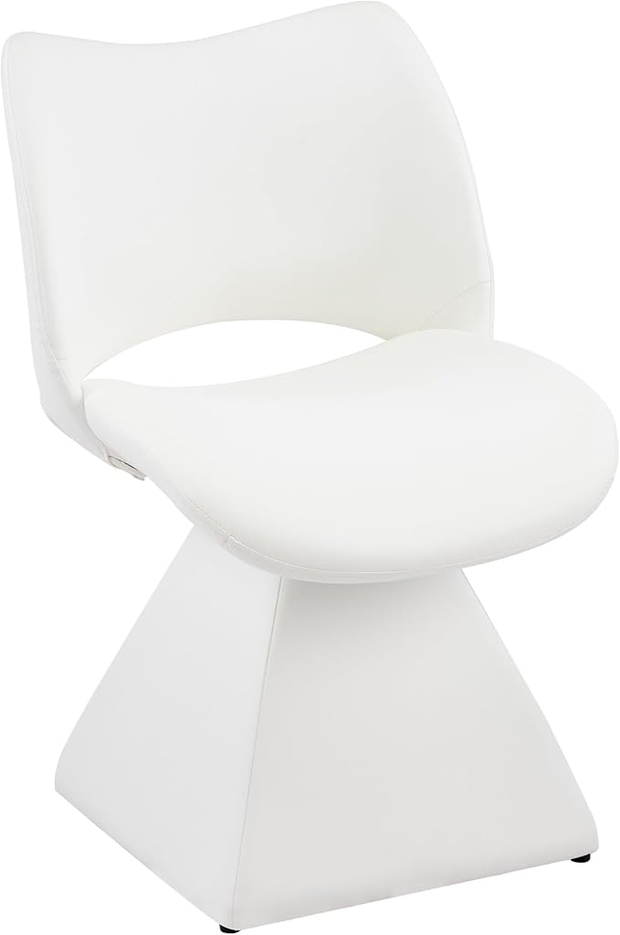 Swivel Dining Chair Upholstered Faux Leather Accent Seat with Curved High Back, Cushioned Foam Padding, Metal and Wood Support, Modern Armless Vanity Desk Chair for Kitchen Island, Dining Room (White)