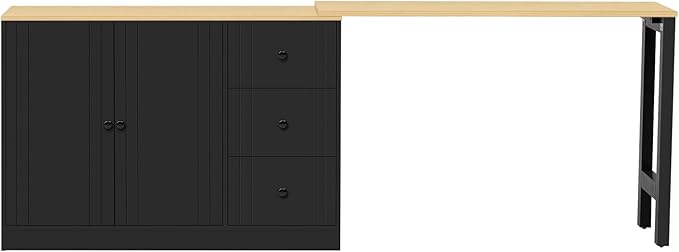 Virubi Kitchen Island with Extendable Table,3 Drawers and Storage Cabinet, Wood Sideboard Buffet Cabinet with Storage, for Living Room, Kitchen,Dining Room (Black+Natural)