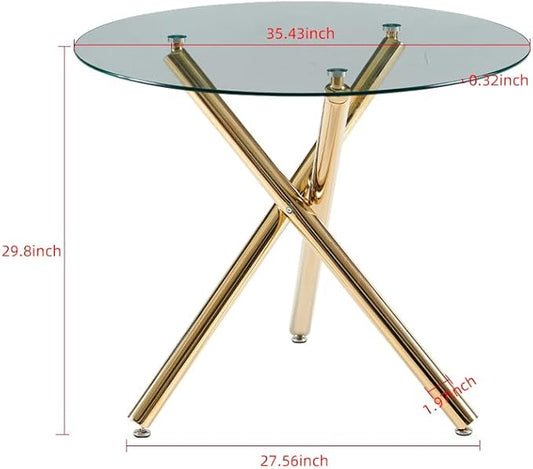 SSLine 35.4" Round Glass Dining Table for 2-4 Modern Circle Glass Tabletop Kitchen Table for 4 Luxury Dinner Tables with Gold Metal Legs for Home Kitchen Dining Room(Table Only)