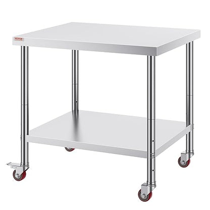Vevor 30x36x34 Inch Stainless Steel Work Table 3-Stage Adjustable Shelf with 4 Wheels Heavy Duty Commercial Food Prep Worktable with Brake for Kitchen Prep Work