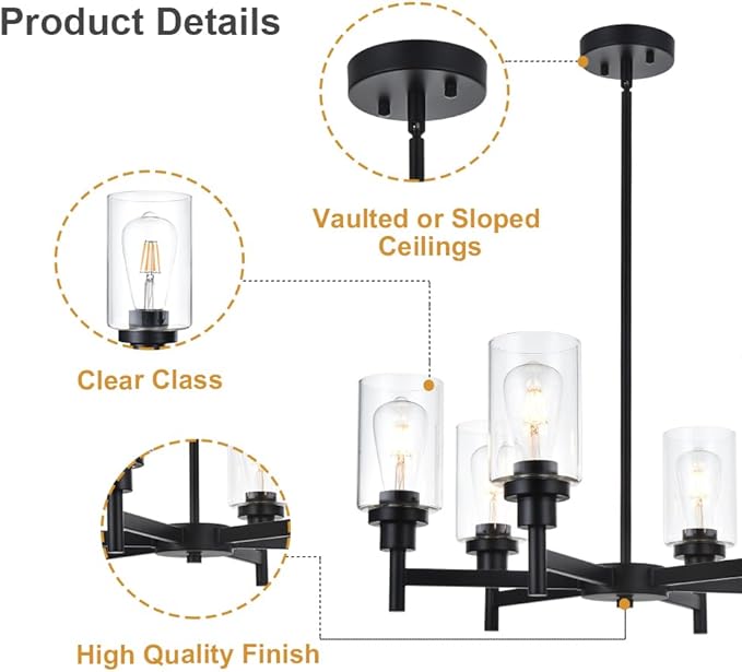 VINLUZ 6 Light Industrial Chandelier Black Pendant Lighting Hanging Fixture with Cylinder Clear Glass for Kitchen Bedroom Dining Room