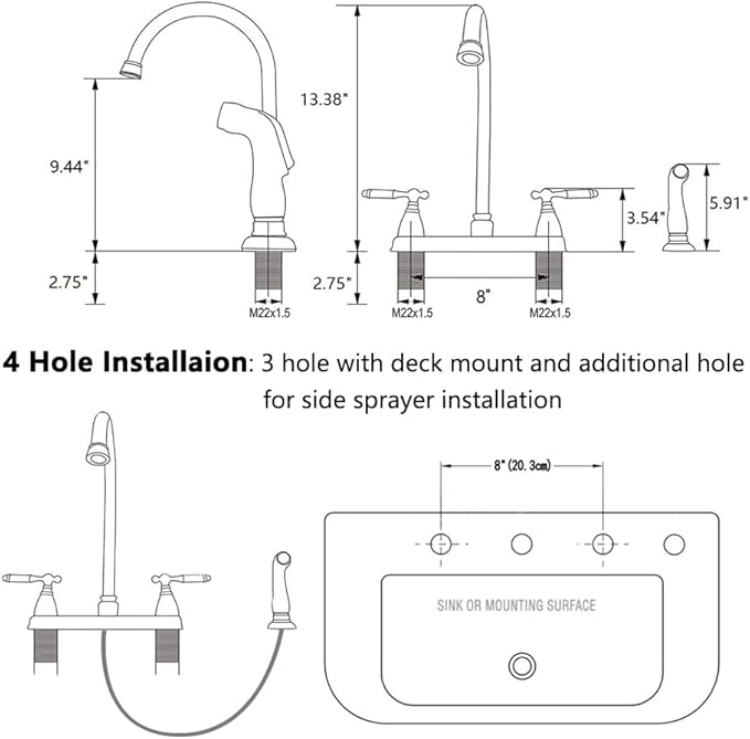 SHACO Kitchen Faucet with Side Sprayer, 2 Handle Faucet for Kitchen Sinks 3 Hole or 4 Hole, High Arc Kitchen Faucet with Water Supply Line, SC-SLYT003L-S new12