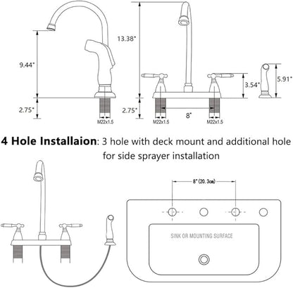 SHACO Kitchen Faucet with Side Sprayer, 2 Handle Faucet for Kitchen Sinks 3 Hole or 4 Hole, High Arc Kitchen Faucet with Water Supply Line, SC-SLYT003L-S new12