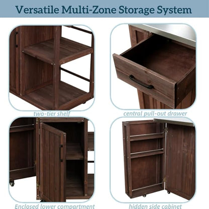 MERITLINE Outdoor Kitchen Island with Stainless Steel Top, Lockable Wheels & Towel Rack, Mobile BBQ Prep Cart with Hidden Cabinet, Drawer, Shelves for Patio, Garden, Backyard, Dark Brown