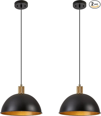 12 Inch Black Dome Pendant Lights 2 Pack for Kitchen Island, Height Adjustable Farmhouse Industrial Hanging Light Fixtures Over Table for Dining Room, Entryway