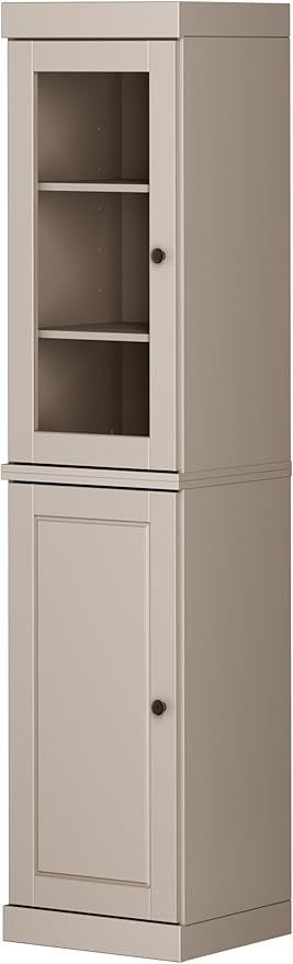 Palace Imports Solid Wood Kitchen Pantry - Narrow Storage Cabinet - 16.5" Wide x 71.5" Tall - 1 Raised Panel & 1 Glass Door, Beige, Adjustable Shelves, 100% Eco-Friendly Wood, Modular Cabinets