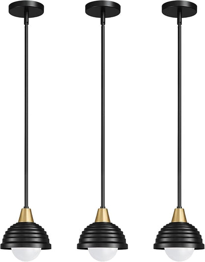 Industrial Kitchen Pendant Light Fixtures: 3 Pack 6 Inch Metal Modern Chandelier - Adjustable Farmhouse Black & Gold Pendant Lighting for Kitchen Island Hallway