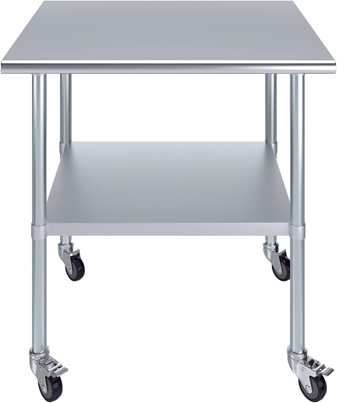 Stainless Steel Work Table with Wheels | NSF Kitchen Island Food Prep | Laundry Garage Utility Bench (Table + Wheels, 36" Long x 30" Deep)