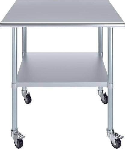 Stainless Steel Work Table with Wheels | NSF Kitchen Island Food Prep | Laundry Garage Utility Bench (Table + Wheels, 36" Long x 30" Deep)