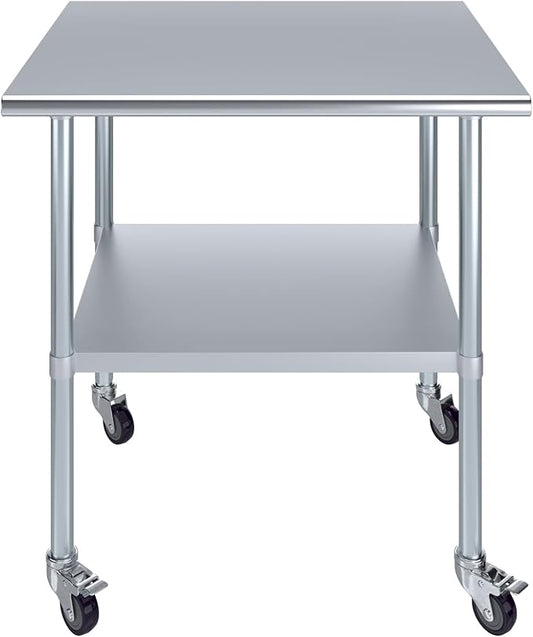 Stainless Steel Work Table with Wheels | NSF Kitchen Island Food Prep | Laundry Garage Utility Bench (Table + Wheels, 36" Long x 30" Deep)