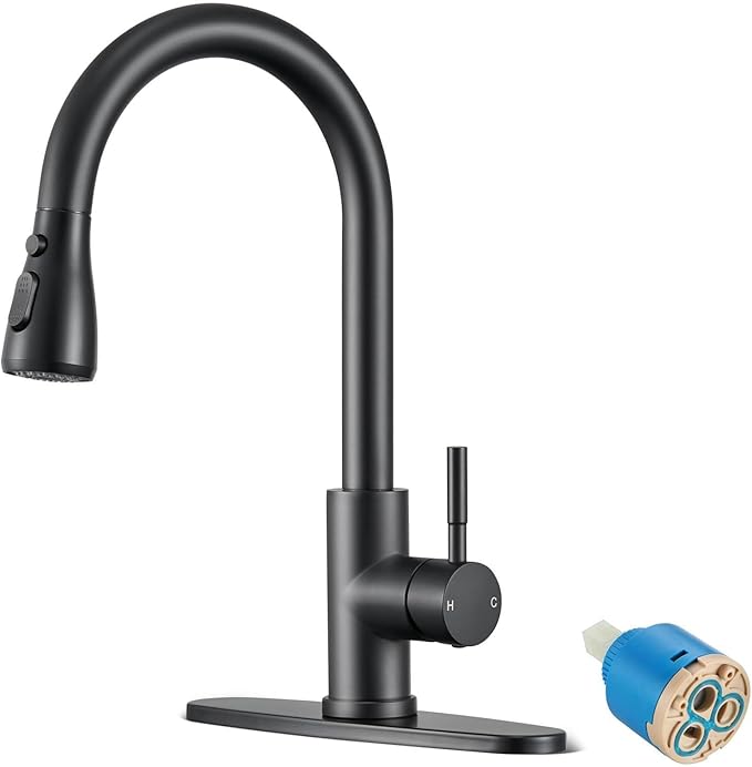 Matte Black Kitchen Faucets with Cartridge Replacement, High Arc Single Handle Stainless Steel Kitchen Sink Faucet for 1 or 3 Hole, Ideal for Farmhouse RV Laundry Bar Camper & Commercial