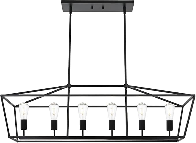 BONLICHT 6-Light Linear Farmhouse Chandelier in Matte Black Finish Industrial Kitchen Island Pendant Lighting Ceiling Hanging Lamp for Dining Room Stairway Living Room