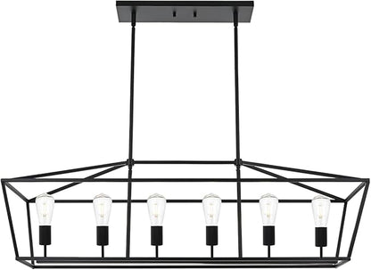 BONLICHT 6-Light Linear Farmhouse Chandelier in Matte Black Finish Industrial Kitchen Island Pendant Lighting Ceiling Hanging Lamp for Dining Room Stairway Living Room
