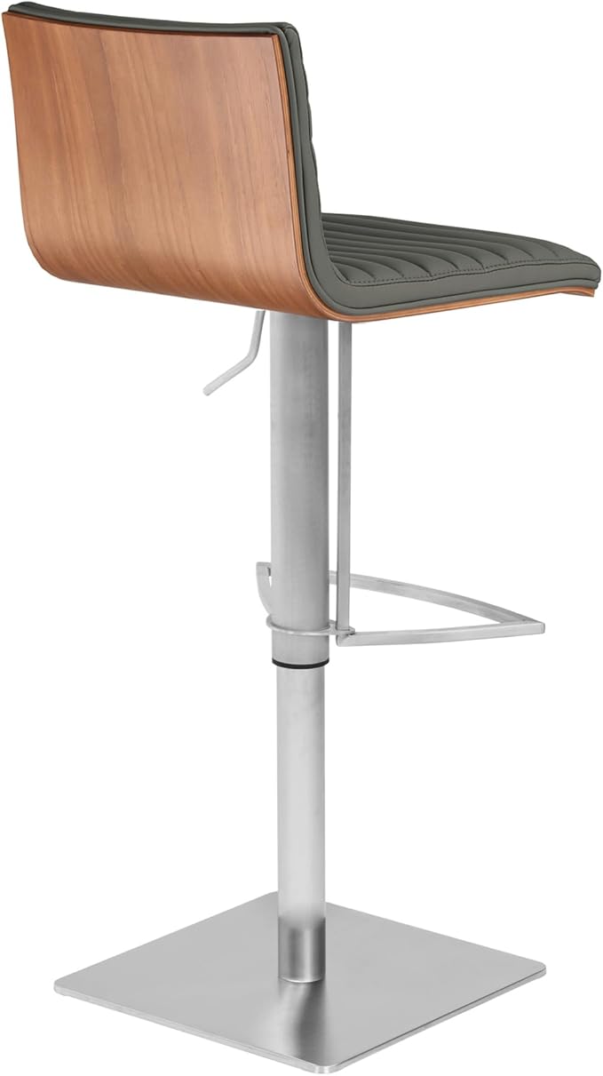 Armen Living LCCASWBAGRB201 Café Adjustable Barstool in Grey Faux Leather and Brushed Stainless Steel Finish, Gray/Walnut, 31.5" x 19.29" x 17"