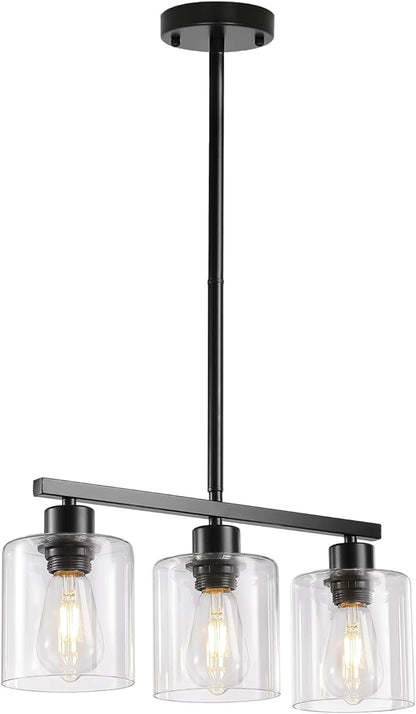 3-Light Kitchen Island Lighting, Black Pendant Light Fixture, Farmhouse Dining Room Light Fixtures Over Table, Modern Hanging Light Fixtures with Clear Glass, E26 Base, Bulbs Not Included