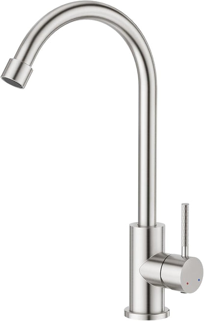 CREA Brushed Faucet for Kitchen Bar Outdoor Sink 1 Hole 3Holes(with Deck Plate)，High Arc 360°Swivle Single Handle Tap Brushed 304 Stainless Steel