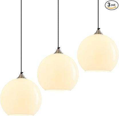 Milky Luster Glass Pendant Lights Kitchen Island Globe Pendant Light Fixtures Modern Pendant Lighting for Bedroom Living Dining Room Light Fixture (9.84 in, 3 Pack)