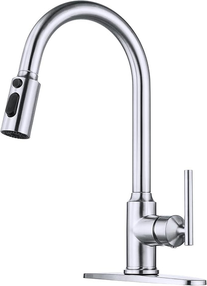 Kitchen Faucets, WOWOW Brushed Nickel Kitchen Faucet with Pull Down Sprayer, High Arc Single Handle Stainless Steel Sink Faucets 1 or 3 Hole, Kitchen Sink Faucets for Farmhouse Camper Laundry Rv Bar