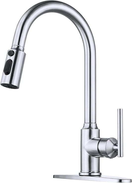 Kitchen Faucets, WOWOW Brushed Nickel Kitchen Faucet with Pull Down Sprayer, High Arc Single Handle Stainless Steel Sink Faucets 1 or 3 Hole, Kitchen Sink Faucets for Farmhouse Camper Laundry Rv Bar