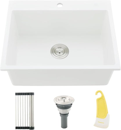 24 Drop in Kitchen Sink, 24x19 Inch Single Bowl White Granite Composite Quartz Topmount Outdoor Kitchen Sink RV Basin with Small Rubber Squeegee