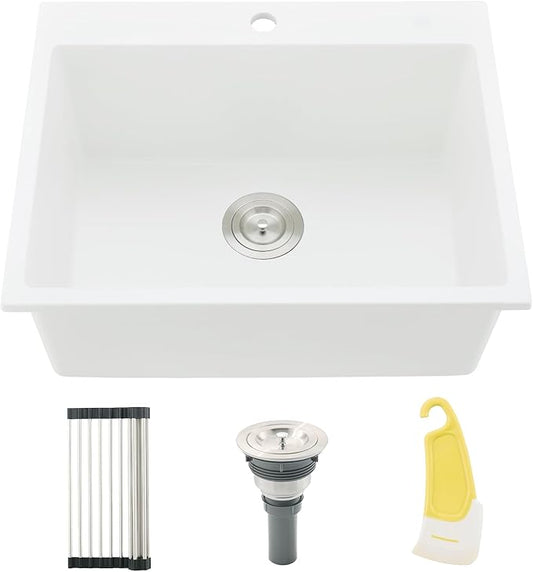 24 Drop in Kitchen Sink, 24x19 Inch Single Bowl White Granite Composite Quartz Topmount Outdoor Kitchen Sink RV Basin with Small Rubber Squeegee