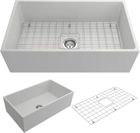 BOCCHI Contempo Farmhouse Apron Front Fireclay 33 in. Single Bowl Kitchen Sink with Protective Bottom Grid and Strainer in Matte White