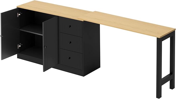 Virubi Kitchen Island with Extendable Table,3 Drawers and Storage Cabinet, Wood Sideboard Buffet Cabinet with Storage, for Living Room, Kitchen,Dining Room (Black+Natural)