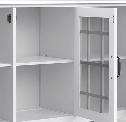 SIMPLIHOME Connaught Storage Cabinet - 60 inch Wide Solid Wood Buffet in White, Traditional Sideboard for Dining Room, Entryway, or Living Room with Glass Doors, Adjustable Shelves, and Notched Legs