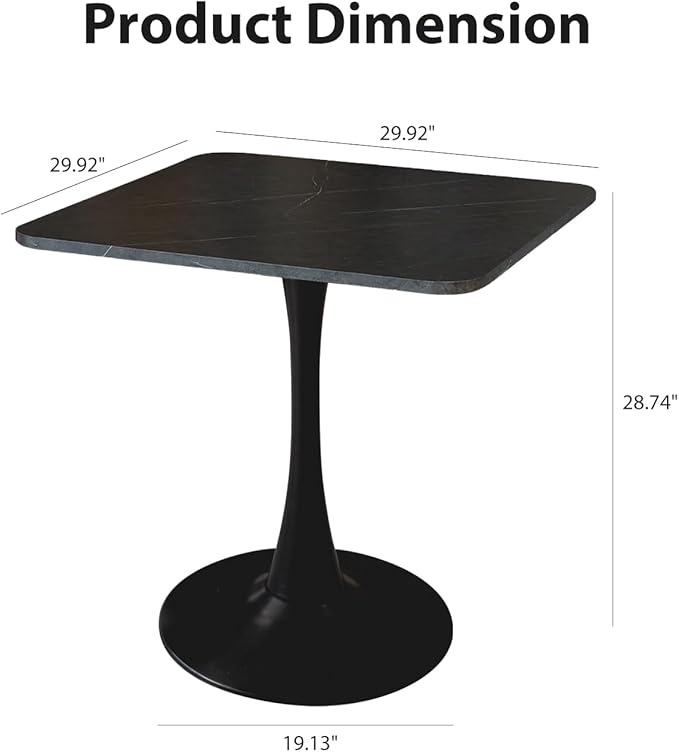 Square Modern Dinning Table 30 inches for 2-4 Bistro Tulip Table with Faux Marble top,Easy Assemble,no Wobble,Stable Sturdy Metal Frame Diameter 30in*H28.74in (Black, 30in)