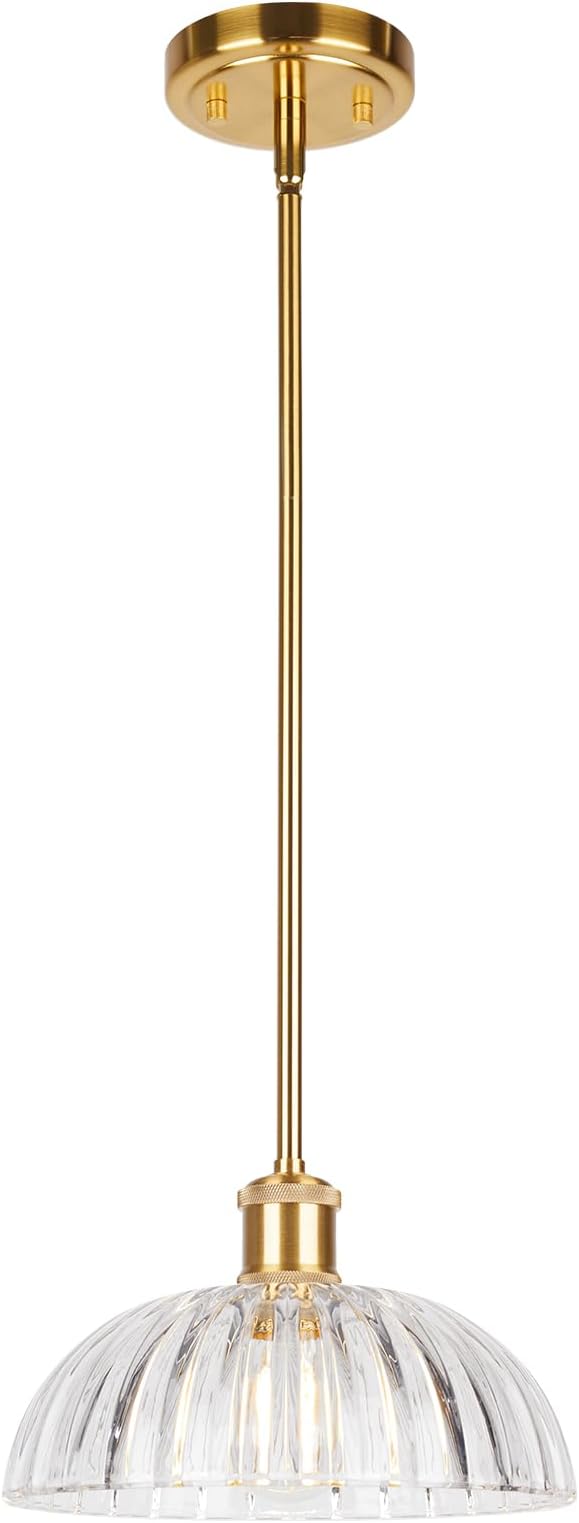 JYO 10" Gold Pendant Light, Vintage Single Pendant Light Fixtur with Ribbed Glass, Pendant Light for Kitchen Island Bedroom Hotel Living Room