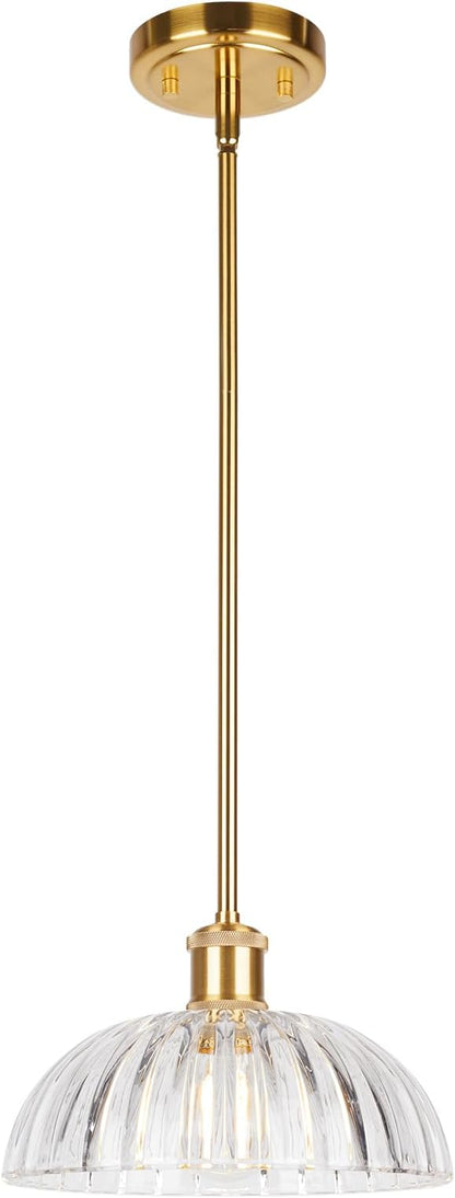 JYO 10" Gold Pendant Light, Vintage Single Pendant Light Fixtur with Ribbed Glass, Pendant Light for Kitchen Island Bedroom Hotel Living Room