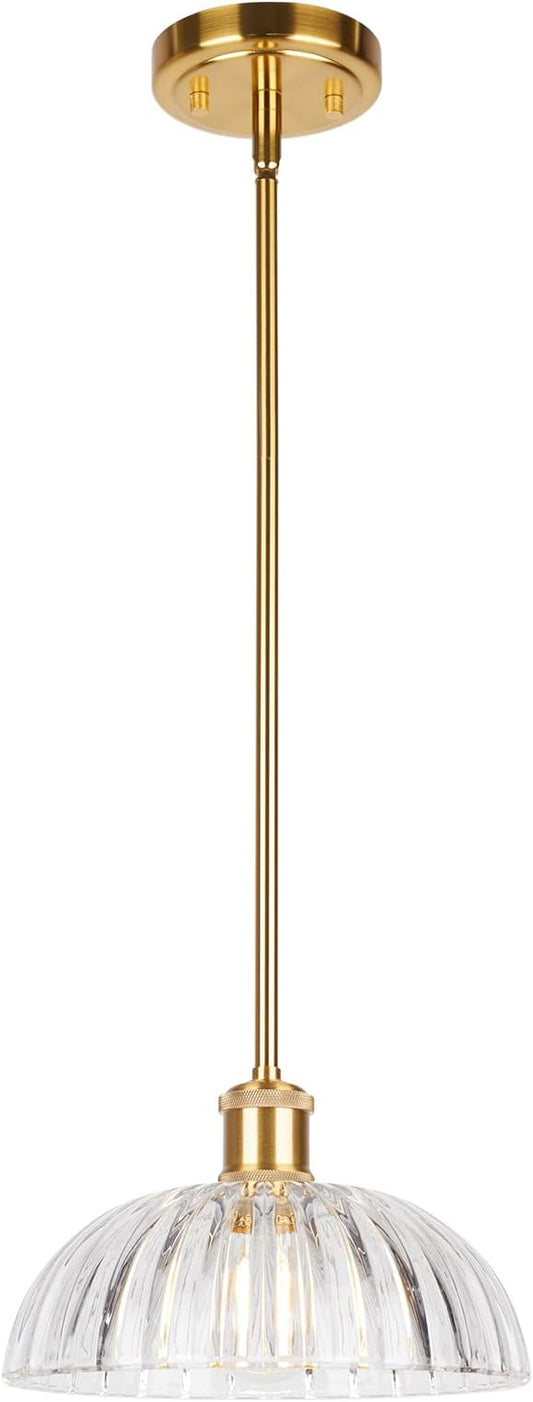 JYO 10" Gold Pendant Light, Vintage Single Pendant Light Fixtur with Ribbed Glass, Pendant Light for Kitchen Island Bedroom Hotel Living Room