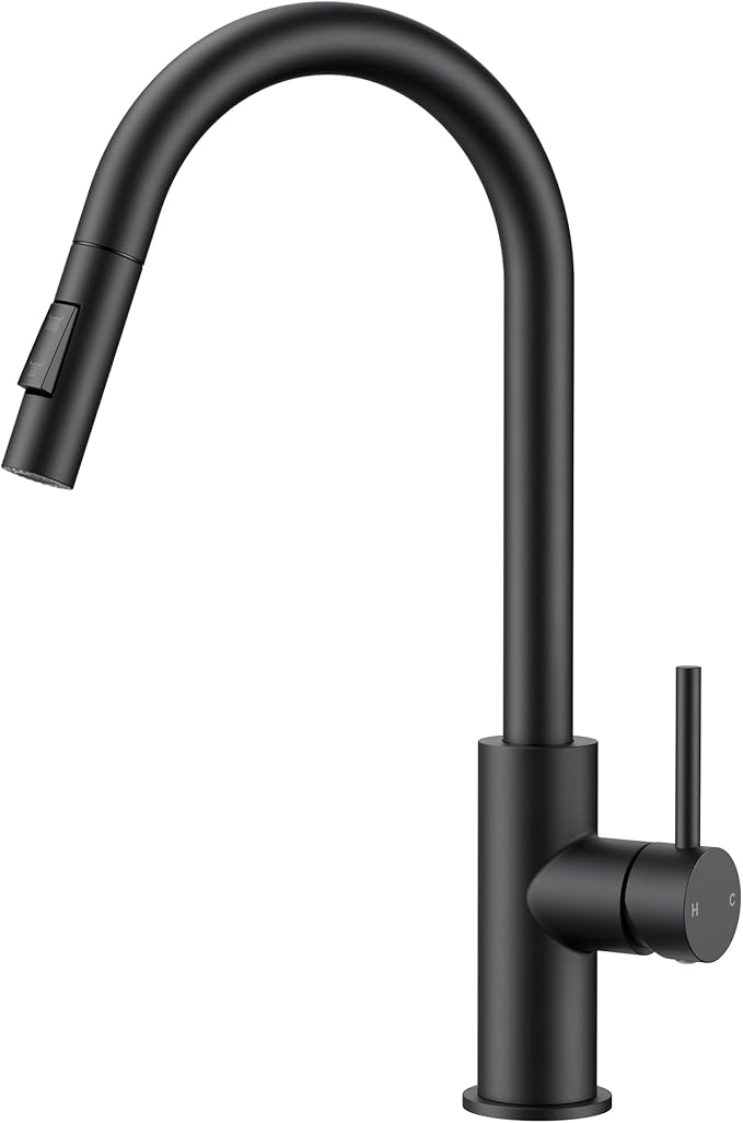 FORIOUS Black Kitchen Faucet with Pull Down Sprayer,Stainless Steel High Arc Gooseneck Modern Sink Faucet with CUPC Ceramic Cartridge, Single Handle Stainless Steel and Deck Plate