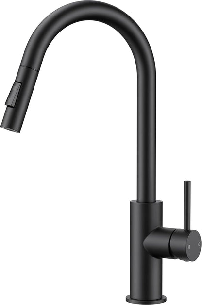 FORIOUS Black Kitchen Faucet with Pull Down Sprayer,Stainless Steel High Arc Gooseneck Modern Sink Faucet with CUPC Ceramic Cartridge, Single Handle Stainless Steel and Deck Plate