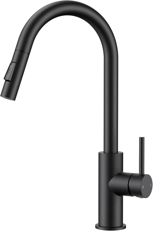 FORIOUS Black Kitchen Faucet with Pull Down Sprayer,Stainless Steel High Arc Gooseneck Modern Sink Faucet with CUPC Ceramic Cartridge, Single Handle Stainless Steel and Deck Plate