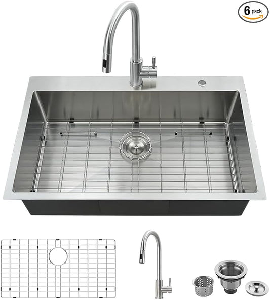 33 x 22 Drop In Kitchen Sink and Faucet Combo Set-VASOYO Stainless Kitchen Sinks Drop In Topmount Stainless Steel Deep Single Bowl Overmount Sink with Faucet