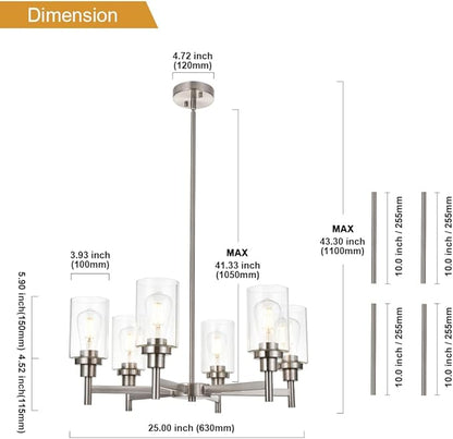 VINLUZ 6 Light Contemporary Chandelier Brushed Nickel Modern Pendant Lighting Cylinder Clear Glass Shaded Classic Ceiling Light Fixtures for Living Room Dining Room Kitchen