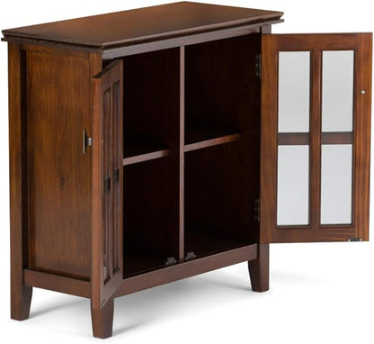 SIMPLIHOME Artisan Storage Cabinet - 30 inch Wide Solid Wood Low Storage Cabinet in Russet Brown, Contemporary Accent Cabinet for Living Room or Dining Room with Glass Doors and Adjustable Shelves