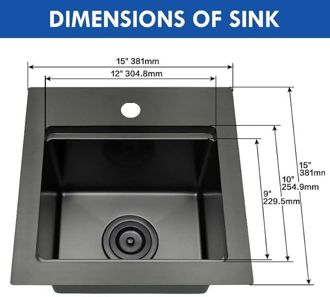 15 Inch Black Sink Drop In, 16 Gauge 304 Stainless Steel Workstaion Kitchen Sinks with Ledge & Accessories, 15" x 15" x10" Deep Bowl For Outdoor, RV,Prep Sink, and Wet Bar