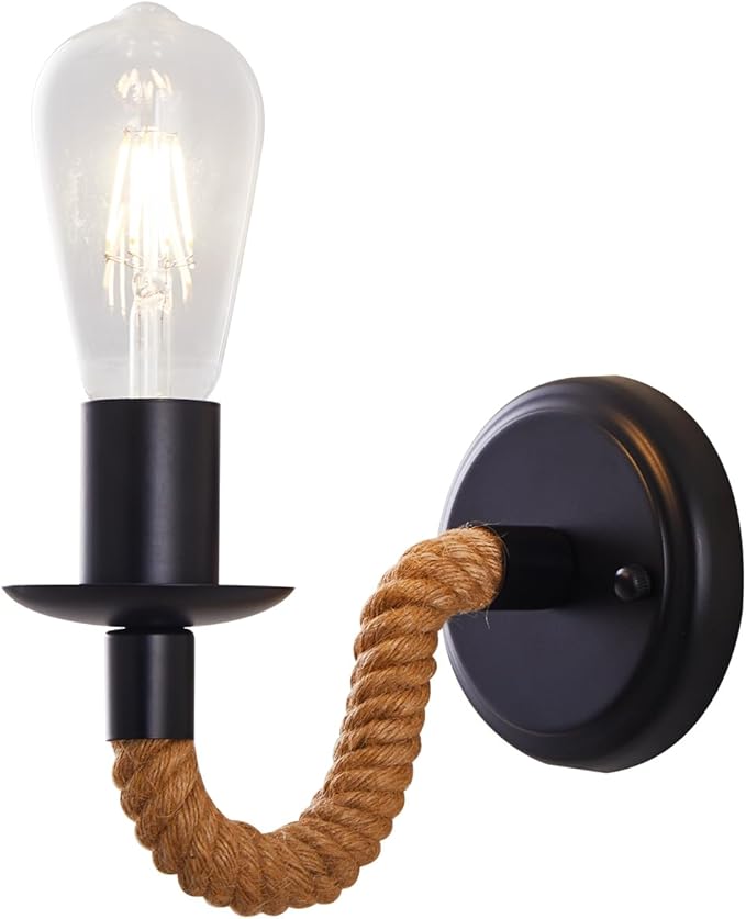 KUAUGST Black Rustic Wall Sconces, Retro Industrial Wall Lamps, Hemp Rope Wall Lamp, E26 Lamp Holder, Suitable for Bedroom Living Room Corridor Kitchen (Bulb not Included)