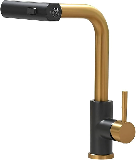 CENOSA Kitchen Faucet with Pull Down Sprayer Waterfall Single Hole Kitchen Sink Faucet Stainless Steel Modern Kitchen Faucets Black and Gold