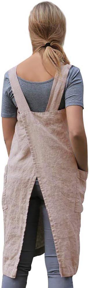 Larmliss Women's Pinafore Square Apron Baking Cooking Gardening Works Cross Back Cotton/Linen Blend Dress with 2 Pockets