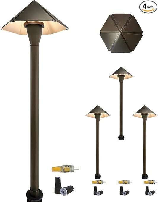 COLOER 4-Pack 12V Brass Outdoor Low Voltage Garden Path Lights for Outside(Bronze,23.2" Tall, 7.9" Shade) with 2W 2700K G4 LED Bulb(605B)