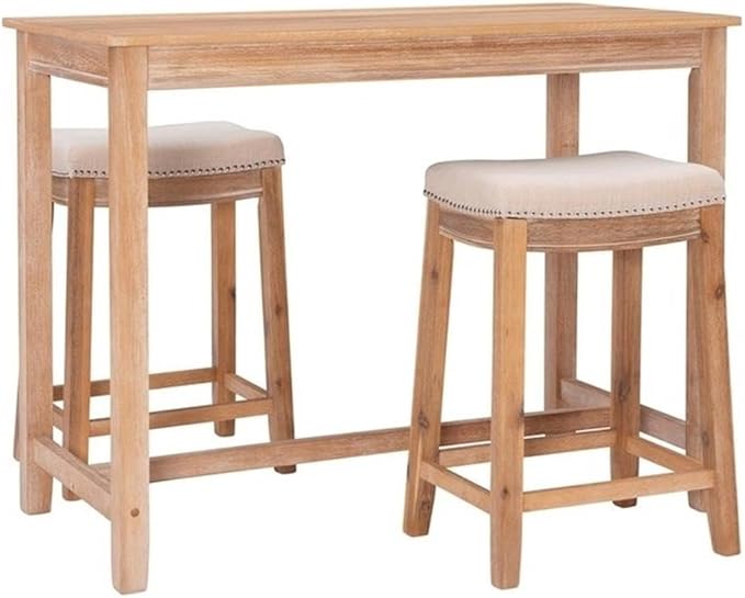 Linon Claridge Three Piece Counter Dining Set Padded Seats in Natural Brown Wood