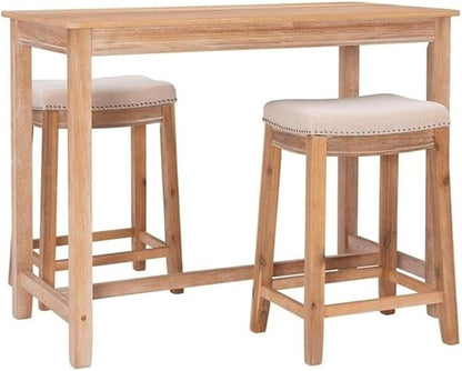 Linon Claridge Three Piece Counter Dining Set Padded Seats in Natural Brown Wood