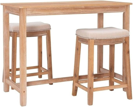 Linon Claridge Three Piece Counter Dining Set Padded Seats in Natural Brown Wood