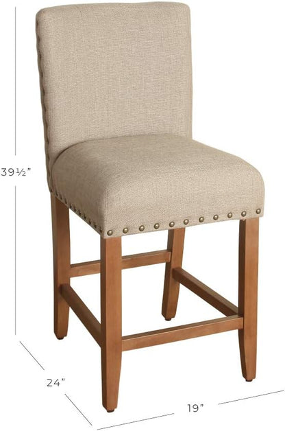 Homepop Home Decor | Backless Nailhead Trim Counter Height Bar Stools | 24 Inch Bar Stools | Decorative Home Furniture (Natural Linen)