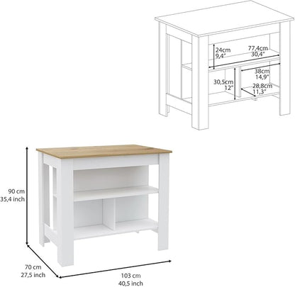 Kitchen Island Kitchen Table 35" H Four Legs with 3 Open Storage Shelves Wide Top for Meal Prep Spacious Leg Room Practical(Natural White)