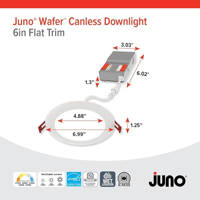 Juno LED Recessed Lights 6 Inch Round Baffle Wafer Downlight, 5-in-1 Switchable White Color Temperature, Adjustable Brightness, 120 Volts, 6-Inch Flat Trim, 1 Pack, Matte White