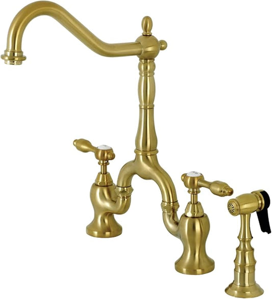 Kingston Brass KS7757TALBS Tudor Bridge Kitchen Faucet with Brass Sprayer, Brushed Brass